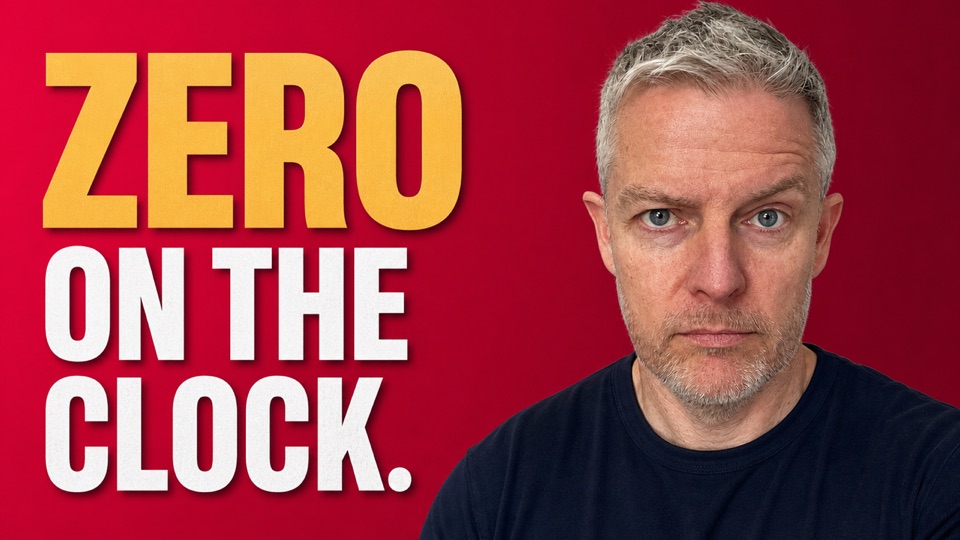 Video still: Ciaran O'Donnell beside the words zero on the clock.